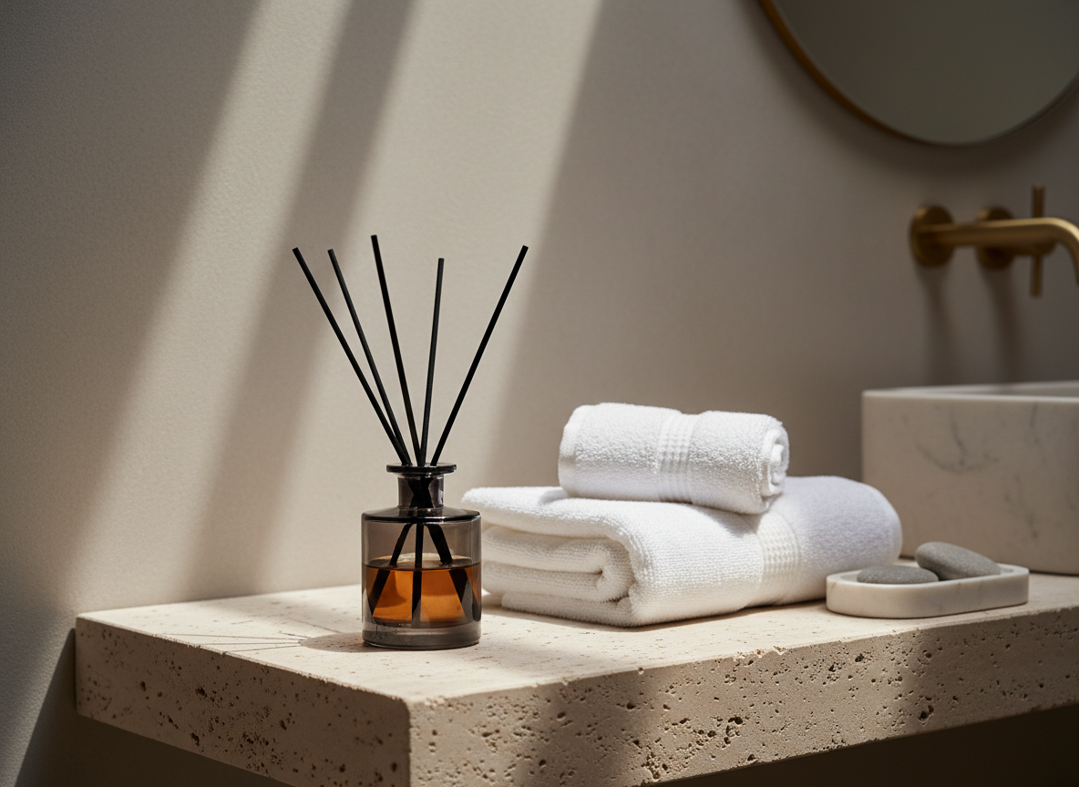 A slender, smoked-glass reed diffuser filled with amber-tinted oil stands centered on a pale travertine bathroom shelf, its long black reeds fanning gracefully upward. To the side, folded white Egyptian cotton towels and a small, sculptural marble tray holding two polished stones add texture. The walls are a soft, warm grey microcement, and a brushed brass tap is barely visible in the blurred background. Diffused natural light from a skylight bathes the scene in a gentle glow, creating subtle, elongated shadows. Photographic realism, composed using the rule of thirds with a calm, spa-like mood that communicates quiet sophistication and everyday luxury for modern home fragrance.