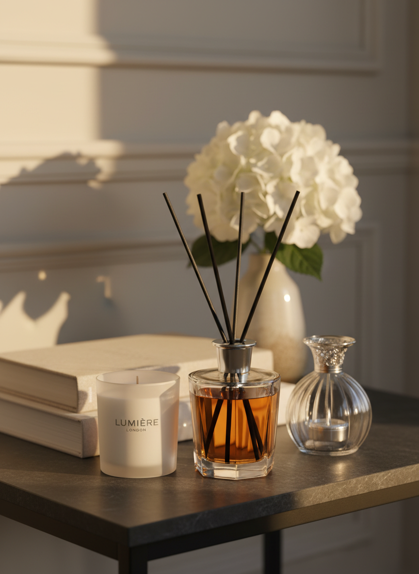A collection of luxurious home fragrance products displayed on a matte charcoal stone console in an elegant London townhouse interior. A tall, faceted glass reed diffuser with inky black reeds, a frosted white scented candle in a heavy glass vessel, and a sculpted fragrance lamp with silver filigree cap are arranged in a harmonious triangle. Behind them, soft-focus books in linen covers and a single white hydrangea bloom add subtle context. Warm late-afternoon light spills through an unseen window, catching the glass edges and creating refined highlights and gentle shadows. Photographic realism, eye-level composition with shallow depth of field, conveying a sophisticated, calm, and indulgent atmosphere suited to a high-end home fragrance brand.