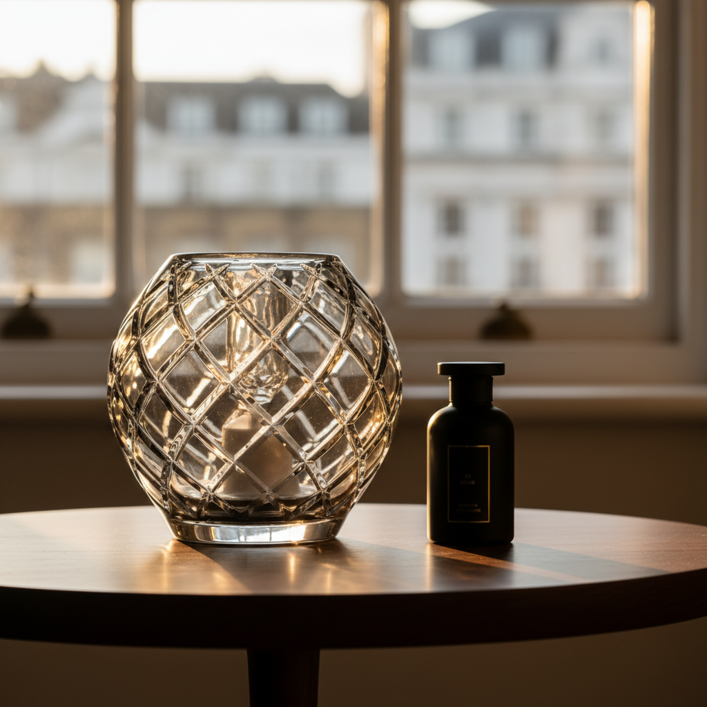 An opulent close-up of a crystal fragrance lamp in smoked grey glass, its surface adorned with intricate lattice facets that catch the light. It rests on a dark walnut side table with a subtle satin sheen, beside a small, closed black bottle of fragrance oil with a minimalist gold-foil label. In the soft background, the outlines of classic London architecture appear through an out-of-focus sash window. Golden hour sunlight streams in from the right, creating delicate reflections in the crystal and a warm halo on the tabletop. Shot from a slightly elevated angle in photographic realism, with a shallow depth of field that isolates the lamp, the mood is refined, atmospheric, and quietly luxurious.