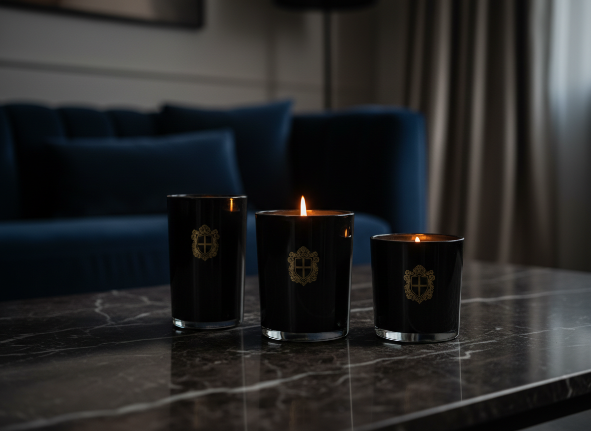 A trio of scented candles in different sizes, each in heavy, opaque black glass vessels with understated metallic crests, arranged on a polished dark marble coffee table with delicate white veining. One candle is lit, its steady flame casting a warm, intimate pool of light that reflects softly on the marble surface. In the blurred background, a plush velvet sofa in deep midnight blue and a hint of silk curtains suggest a refined living room. Evening ambient lighting combines with the candle glow to create moody highlights and rich shadows. Photographic realism, shot at eye level with a shallow depth of field, giving a cocooning, sophisticated atmosphere that evokes indulgent, layered fragrance.