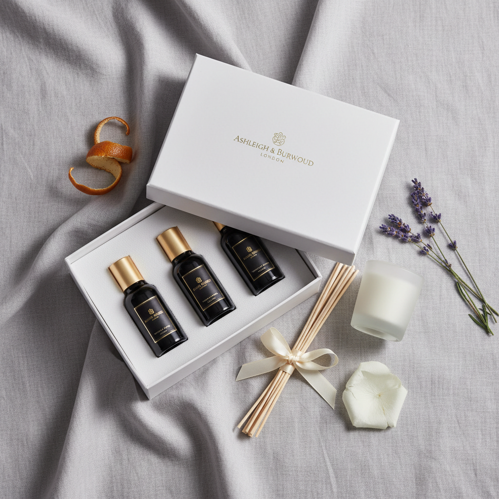 A meticulously styled flat-lay of Ashleigh & Burwood–style fragrance products arranged on a soft dove-grey linen backdrop. A rectangular gift box with understated foil logo sits partially open, revealing nestled geuroliën bottles with black glass and gold accents, a bundle of unused reeds tied with a silk ribbon, and a votive candle in frosted glass. Scattered around are scent notes represented by real objects: a twist of bergamot peel, sprigs of lavender, and a single white rose petal. Overhead soft studio lighting creates even illumination with delicate, realistic shadows and subtle highlights on glass and metal. Photographic realism with clean, balanced composition, conveying the feeling of a curated, luxurious gift experience in the world of huisgeuren.