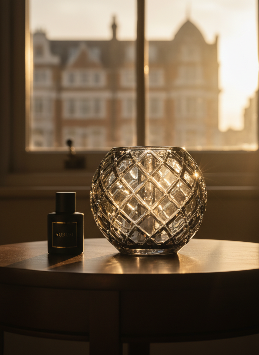 An opulent close-up of a crystal fragrance lamp in smoked grey glass, its surface adorned with intricate lattice facets that catch the light. It rests on a dark walnut side table with a subtle satin sheen, beside a small, closed black bottle of fragrance oil with a minimalist gold-foil label. In the soft background, the outlines of classic London architecture appear through an out-of-focus sash window. Golden hour sunlight streams in from the right, creating delicate reflections in the crystal and a warm halo on the tabletop. Shot from a slightly elevated angle in photographic realism, with a shallow depth of field that isolates the lamp, the mood is refined, atmospheric, and quietly luxurious.