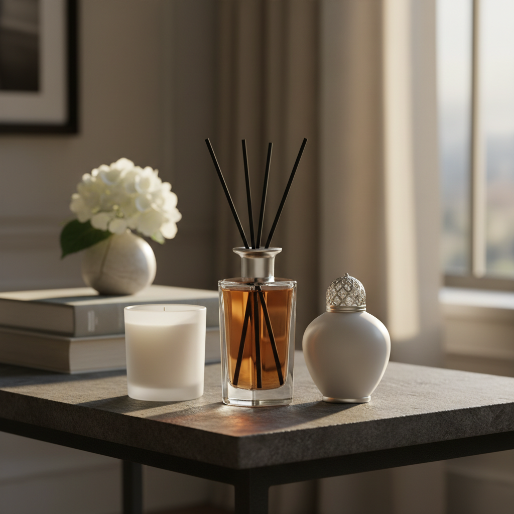 A collection of luxurious home fragrance products displayed on a matte charcoal stone console in an elegant London townhouse interior. A tall, faceted glass reed diffuser with inky black reeds, a frosted white scented candle in a heavy glass vessel, and a sculpted fragrance lamp with silver filigree cap are arranged in a harmonious triangle. Behind them, soft-focus books in linen covers and a single white hydrangea bloom add subtle context. Warm late-afternoon light spills through an unseen window, catching the glass edges and creating refined highlights and gentle shadows. Photographic realism, eye-level composition with shallow depth of field, conveying a sophisticated, calm, and indulgent atmosphere suited to a high-end home fragrance brand.